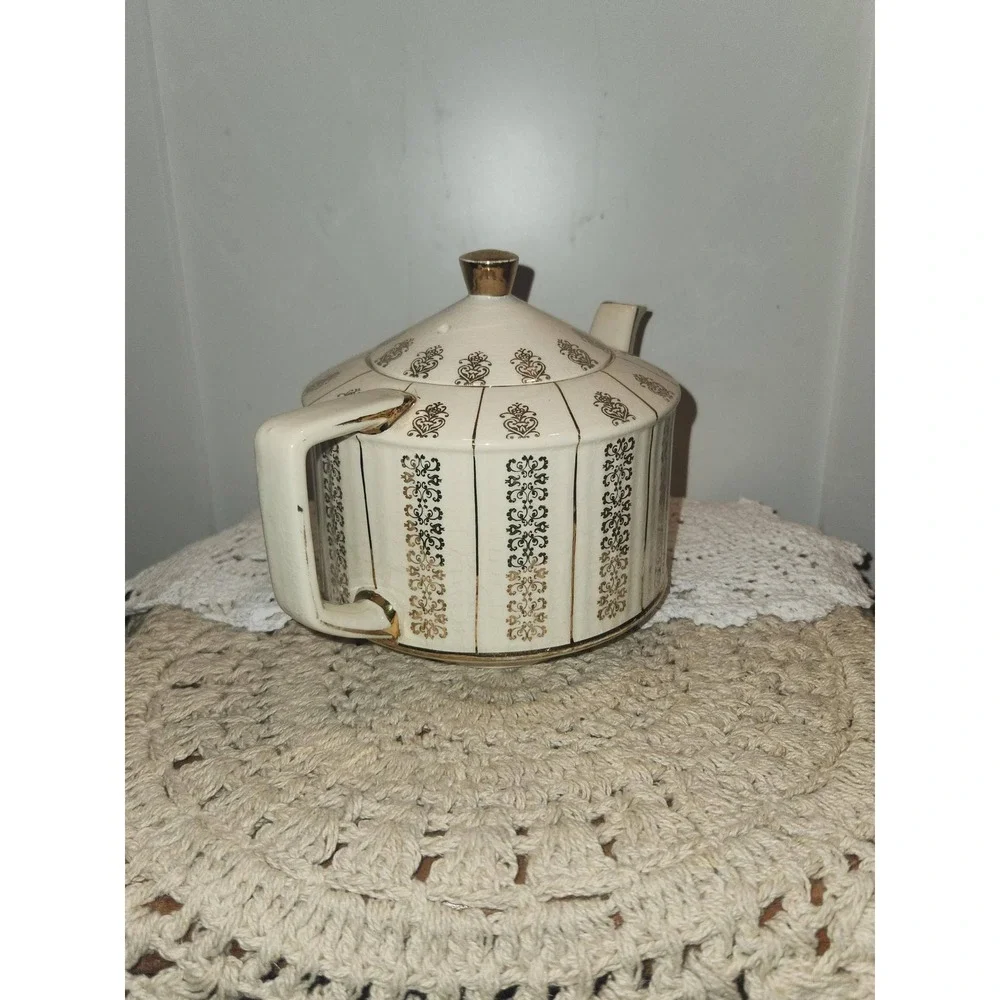 Antique 1950's Sadler Gold Filigree Ceramic Teapot with Lid Regency Style